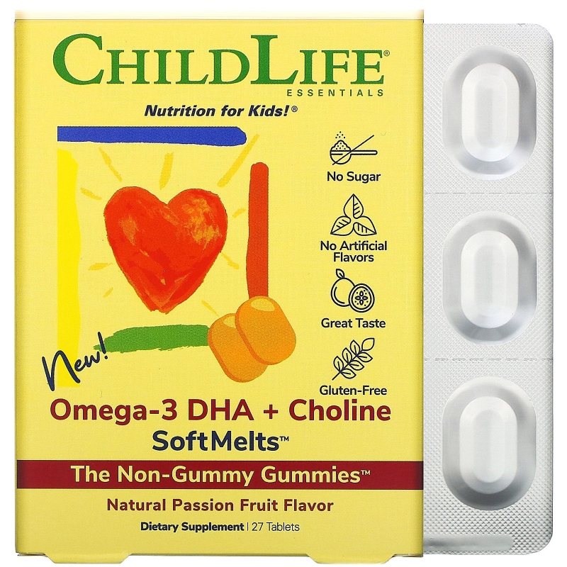 ChildLife, Omega-3 DHA + Choline SoftMelts, Natural Passion Fruit Flavor, 27 Tablets