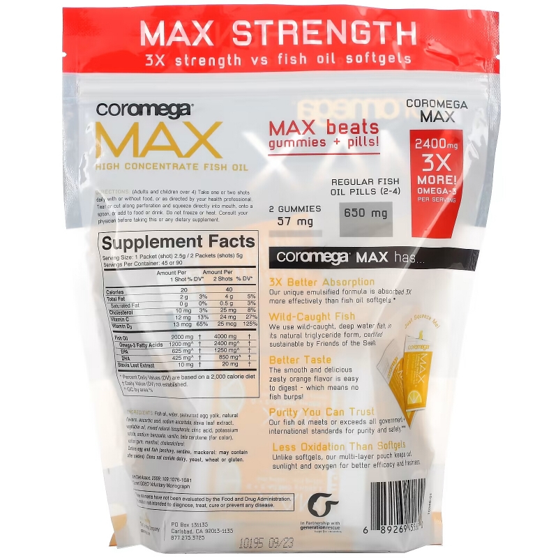 Coromega, Max High Concentrate Omega-3 Fish Oil, Citrus Burst, 90 Squeeze Shots, 2.5 g Each