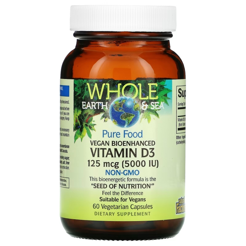 Natural Factors, Whole Earth & Sea, Vegan Bioenhanced Vitamin D3, 5,000 IU, 60 Vegetarian Capsules