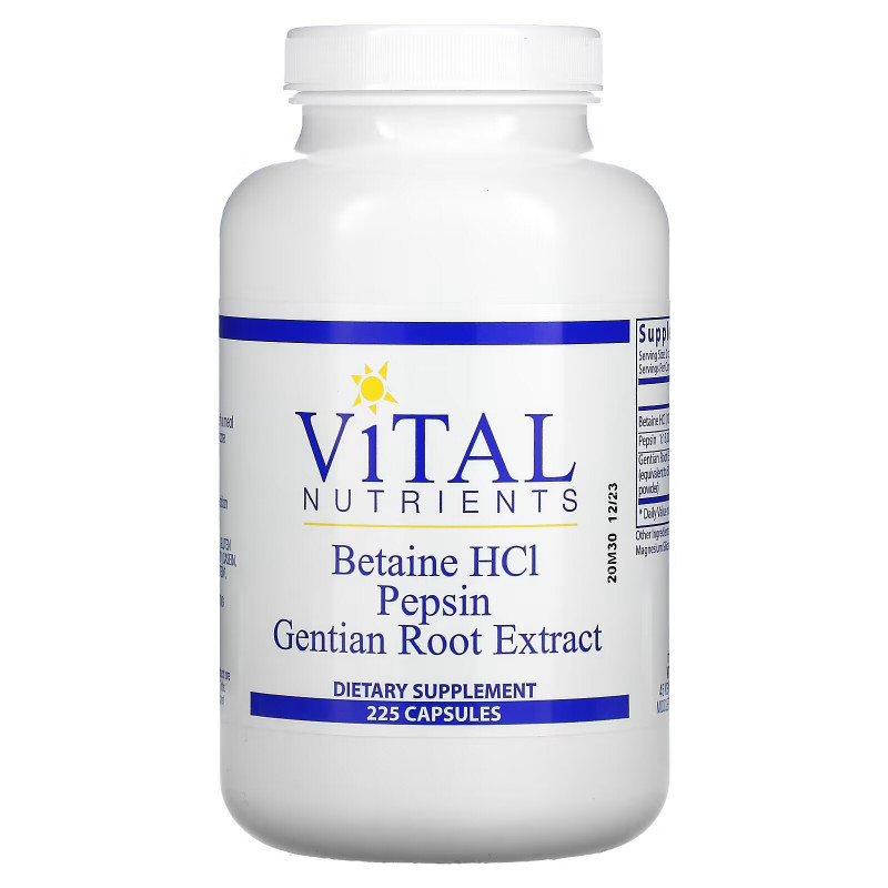 Vital Nutrients, Betaine HCl, Pepsin, Gentian Root Extract, 225 Capsules