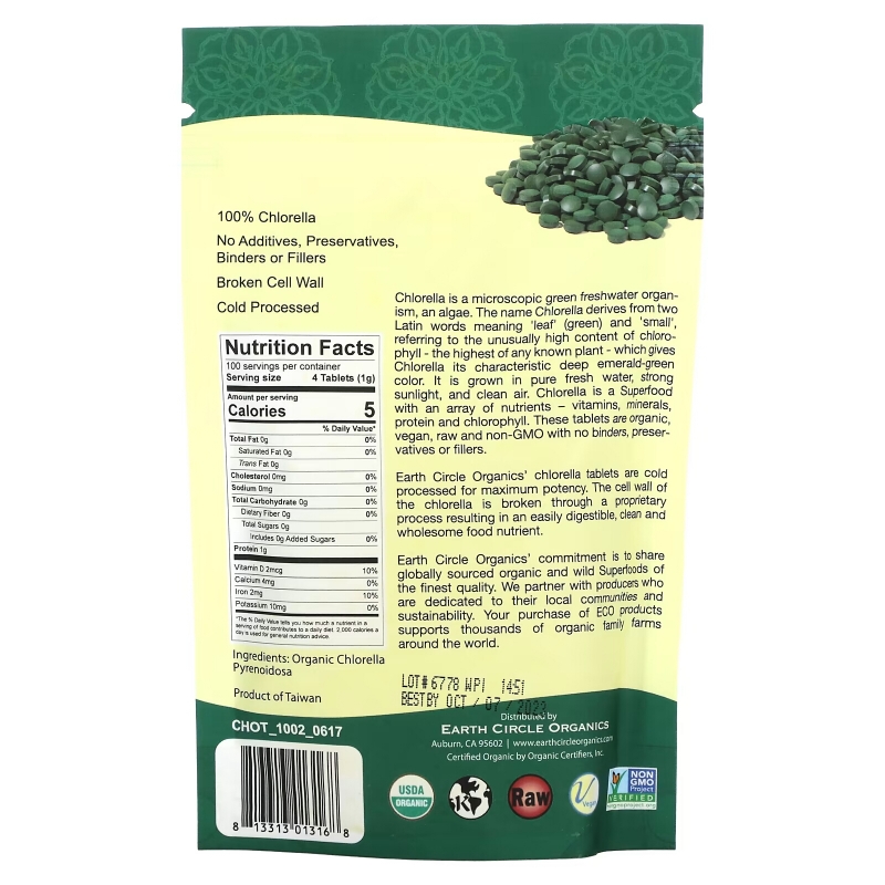 Earth Circle Organics, Organic Chlorella Tablets, 250 mg, 400 Tablets, 3.5 oz (100 g)