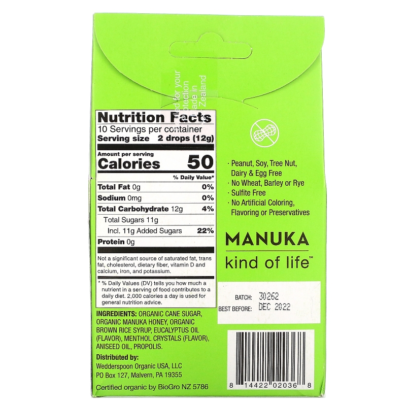 Wedderspoon Organic, Inc., Organic Manuka Honey Drops, Eucalyptus with Bee Propolis, 4 oz (120 g)